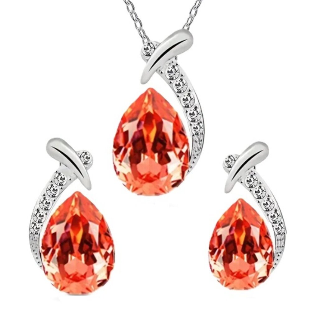 Exquisite 925 Sterling Silver Teardrop Necklace & Matching Earrings Jewelry Set